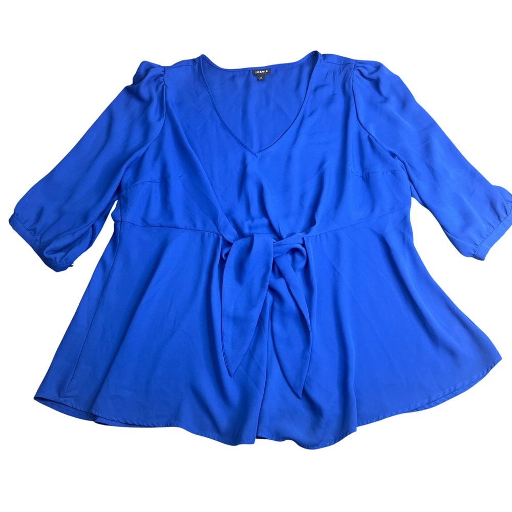 Torrid Royal Blue V-Neck Tie Front Peplum Blouse 3/4 Sleeve Plus Size 3 3X